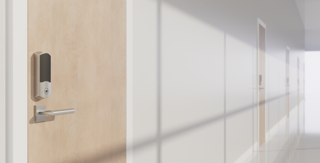 Verkada wireless schlage lock on wood door in school or hospital-like corridor